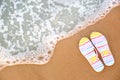 Stylish flip flops on sand  sea, top view with space for text. Beach accessories Royalty Free Stock Photo