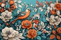 Stylish floral background, hand drawn retro flowers and birds Royalty Free Stock Photo