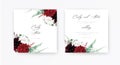 Stylish, floral boho wedding invite, save the date cards design. Burgundy dahlia, ivory white and red peony roses flowers, green Royalty Free Stock Photo