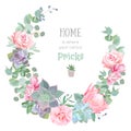 Stylish floral vector design round frame. Rose, camellia, pink flowers, echeveria, protea, eucaliptus leaves