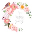 Stylish floral vector round frame with ranunculus, peony, rose, green plants and small robin bird on white Royalty Free Stock Photo