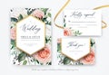 Stylish floral watercolor vector invite, rsvp, thank you card design. Blush, peach, dusty pink, ivory white garden Roses, wax Royalty Free Stock Photo