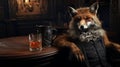 Stylish Fox in Vintage Bar, Savoring Whiskey and Immersed in the Melodies of Soft Jazz