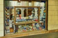 Stylish framed italian art bookshop window exterior view Turin Italy