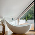 Stylish freestanding bathtub in attic bathroom Royalty Free Stock Photo