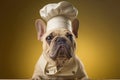 A stylish French bulldog donning a chef\'s hat and apron on a yellow background