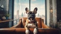 A stylish French bulldog lounges in a modern apartment, exuding