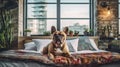A stylish French bulldog lounges in a modern Loft apartment