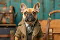 Stylish French Bulldog in Trench Coat Posing in Vintage Office Setting with Classic Briefcase and Books