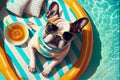 Stylish French bulldog, wearing sunglasses, sitting in a striped round pool
