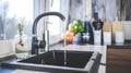 A stylish and functional modern kitchen sink, complete with a running faucet. Ai Generated Royalty Free Stock Photo