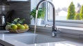 A stylish and functional modern kitchen sink, complete with a running faucet. Ai Generated Royalty Free Stock Photo