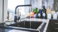 A stylish and functional modern kitchen sink, complete with a running faucet. Ai Generated Royalty Free Stock Photo