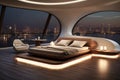 Stylish and futuristic hotel bedroom, brought to life through 3D rendering