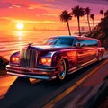 Stylish Futuristic Limousine Cruising along Scenic Coastal Road at Sunset