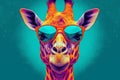 Stylish giraffe wearing a pair of trendy sunglasses. With its bold colors and playful vibes, this artwork radiates a sense of fun