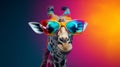 A stylish giraffe wearing sunglasses against a vibrant backdrop