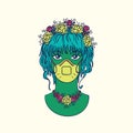 Stylish girl with bezel of flowers wearing medical mask. Coronavirus pandemic concept. Bright colored vector