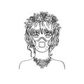 Stylish girl with bezel of flowers wearing medical mask. Coronavirus pandemic concept. Monochrome vector illustration of