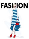 Stylish girl in a dress, shoes and with a bag. Fashion and style of 90s. Vector illustration.