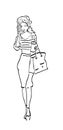 Stylish girl in fashion cloth black line drawing