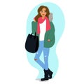 Stylish girl in a green down jacket with a bag, fashionable hairstyle, coral scarf and gloves scarf, white glasses, blue