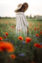 Stylish girl in hat walking in wildflowers in sunset light in summer meadow. Young woman in linen dress walking among poppy and Royalty Free Stock Photo