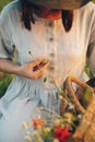 Stylish girl in linen dress gathering flowers in rustic straw basket, sitting in poppy meadow in sunset. Boho woman holding Royalty Free Stock Photo