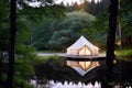 Stylish glamping tent nestled by a lake in a forest, Generative AI