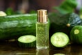 Stylish glass bottle of serum with cucumber slices. Realistic mock up
