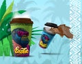 Stylish gorilla on disposable coffee cup on exotic background with ornament