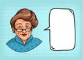 Stylish grandmother with retro hairstyle, glasses, red lipstick. Portrait of elderly woman and speech bubble for text