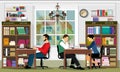 Stylish graphic library interior with furniture and people. Reading area of the library. Detailed vector set.