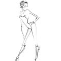 stylish graphic linear illustration of sexy slim short hair girl in bodysuit and boots