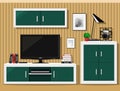 Stylish graphic living room interior design. Cool room set with modern furniture. Vector illustration.
