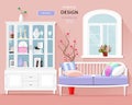 Stylish graphic room interior with pastel colors: sofa, cupboard and window. Cute room set. Vector illustration.