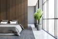 Stylish gray and dark wooden master bedroom interior Royalty Free Stock Photo