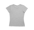 Stylish gray female T-shirt isolated on white, top view