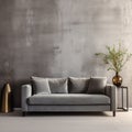 Stylish gray velvet sofa against stucco wall. Interior design of modern living room