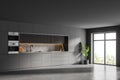 Stylish gray and wooden kitchen corner with cupboards