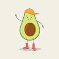 Stylish green avocado welcomes. Funny vector cartoon fruit character isolated on a background