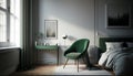 Stylish green bedroom interior with armchair, modern style, Generative AI Royalty Free Stock Photo