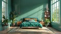 Stylish Green Bedroom Interior with Plants and Sunlight - Urban Home Design Royalty Free Stock Photo
