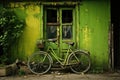 A stylish green bike Stands near an old green house Royalty Free Stock Photo