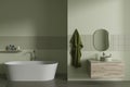 Stylish green hotel bathroom interior with washbasin, bathtub and accessories Royalty Free Stock Photo