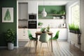 Stylish green kitchen interior with furniture, plant and kitchenware, white and green interior background, Generative AI