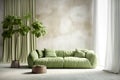 Stylish green velvet sofa in room with green and white curtains