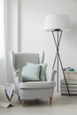 Stylish grey armchair and a floor standing lamp