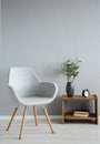 Stylish grey chair next to cabinet with vase and flowers in modern office interior, real photo Royalty Free Stock Photo