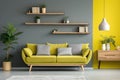 Stylish grey sofa with yellow pillows near green wall with wooden book shelf. Scandinavian interior design